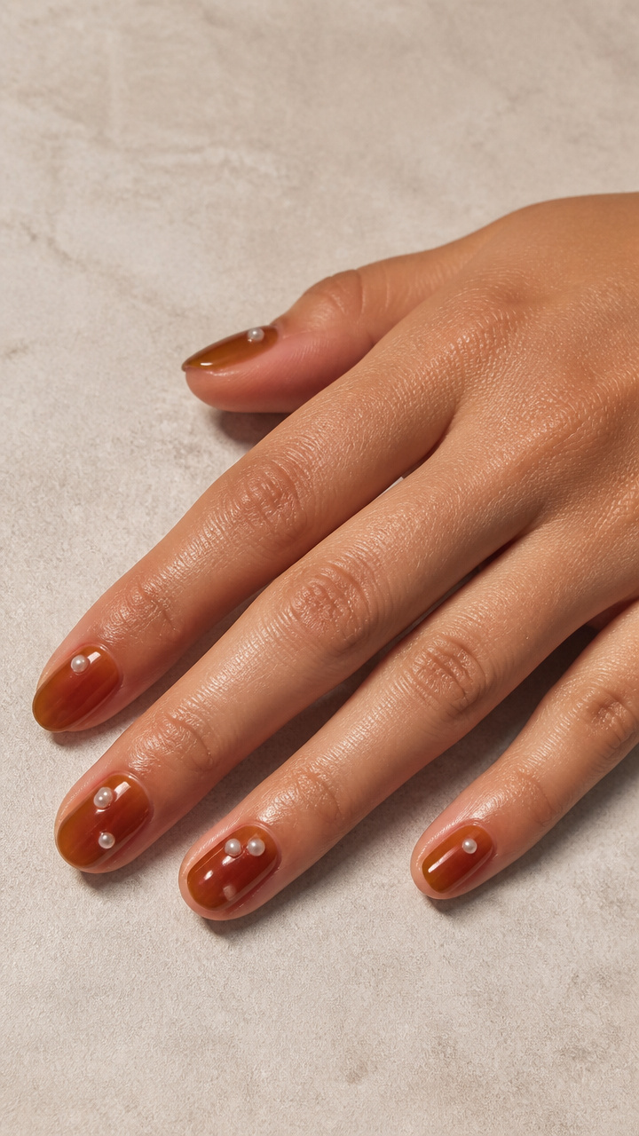 Deep Maple Syrup Sheer Polish with Pearl Dot Accents