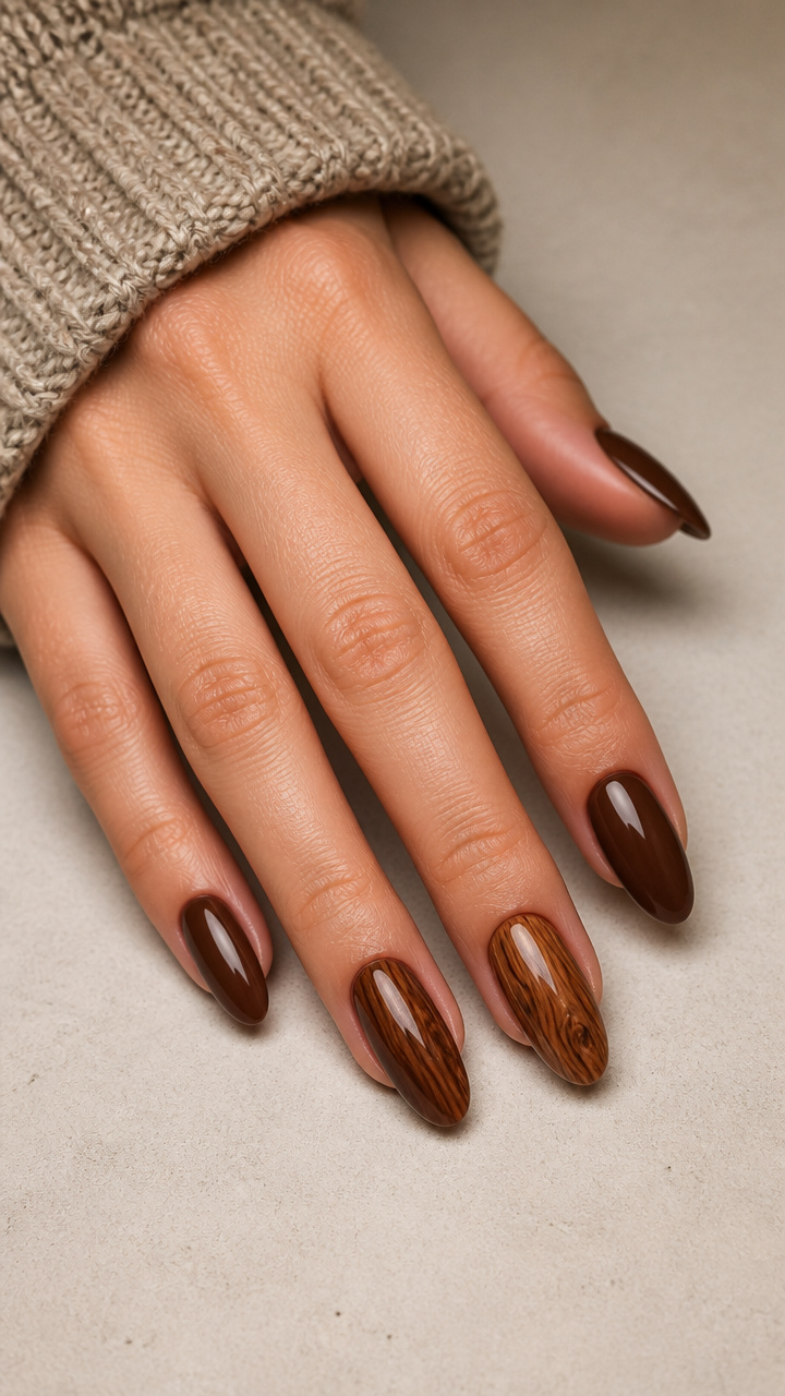 Deep Mocha Almond Nails with Rustic Wood Grain Art