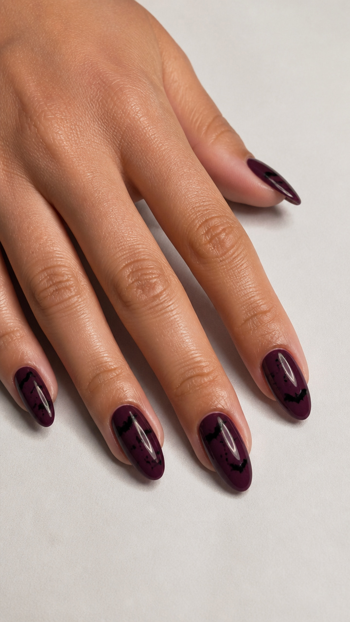 Deep Plum Almond Nails with Silhouette Bat Flight Paths