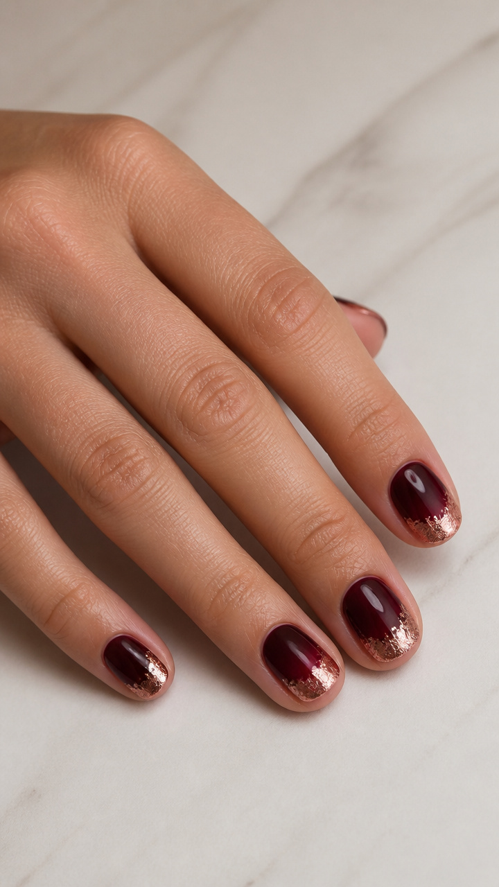 Deep Wine Ombre with Rose Gold Foil Tips