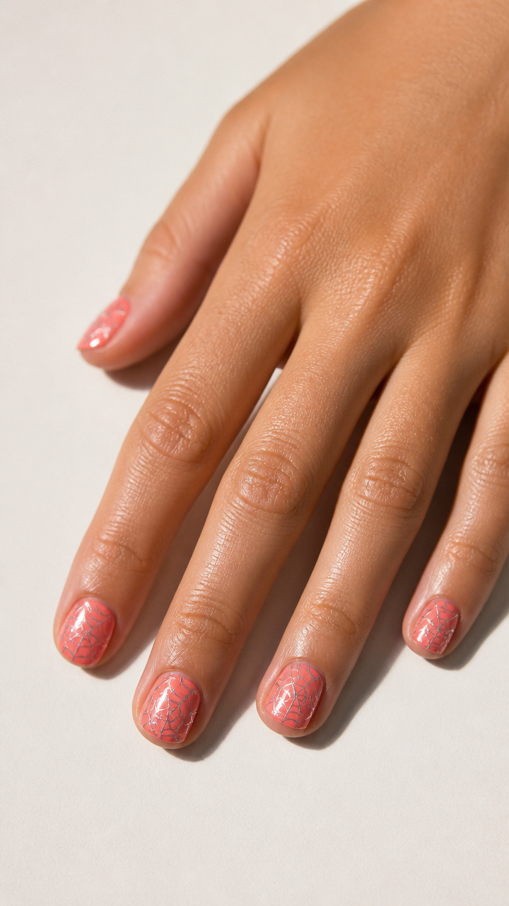 Delicate Silver Spiderweb Overlay on Coral Base