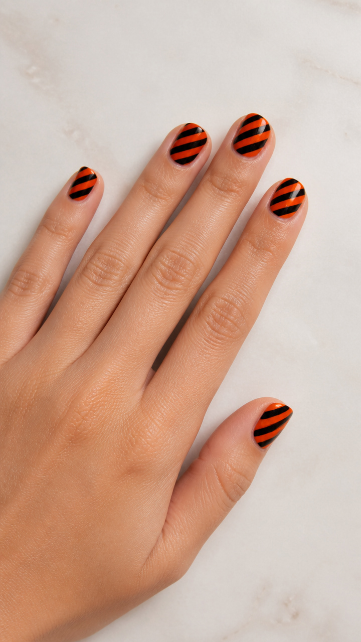 Diagonal Orange and Black Stripe Manicure