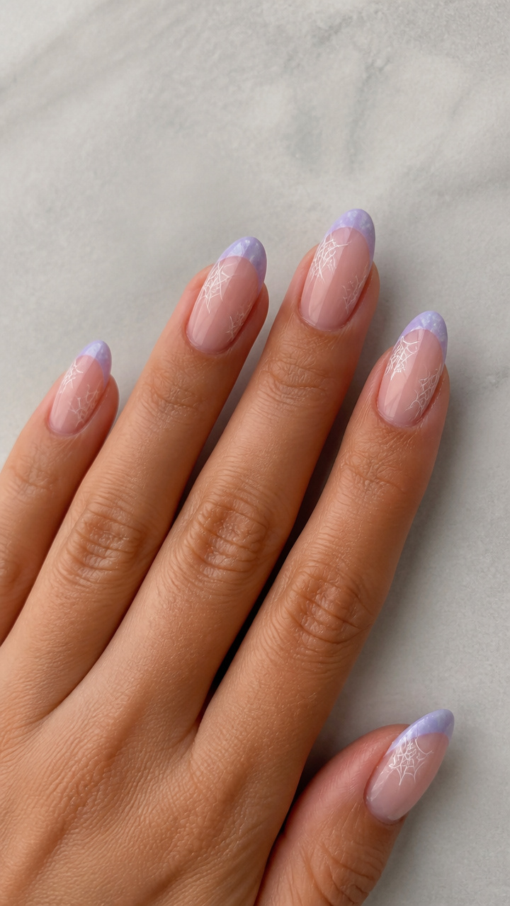 Dreamy Lavender Haze French Tips with Fine Cobweb Lines