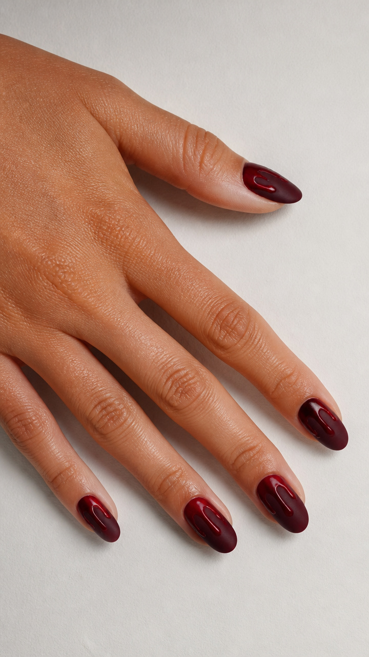 Dripping Red Gel Polish Effect Over Oxblood Matte Base