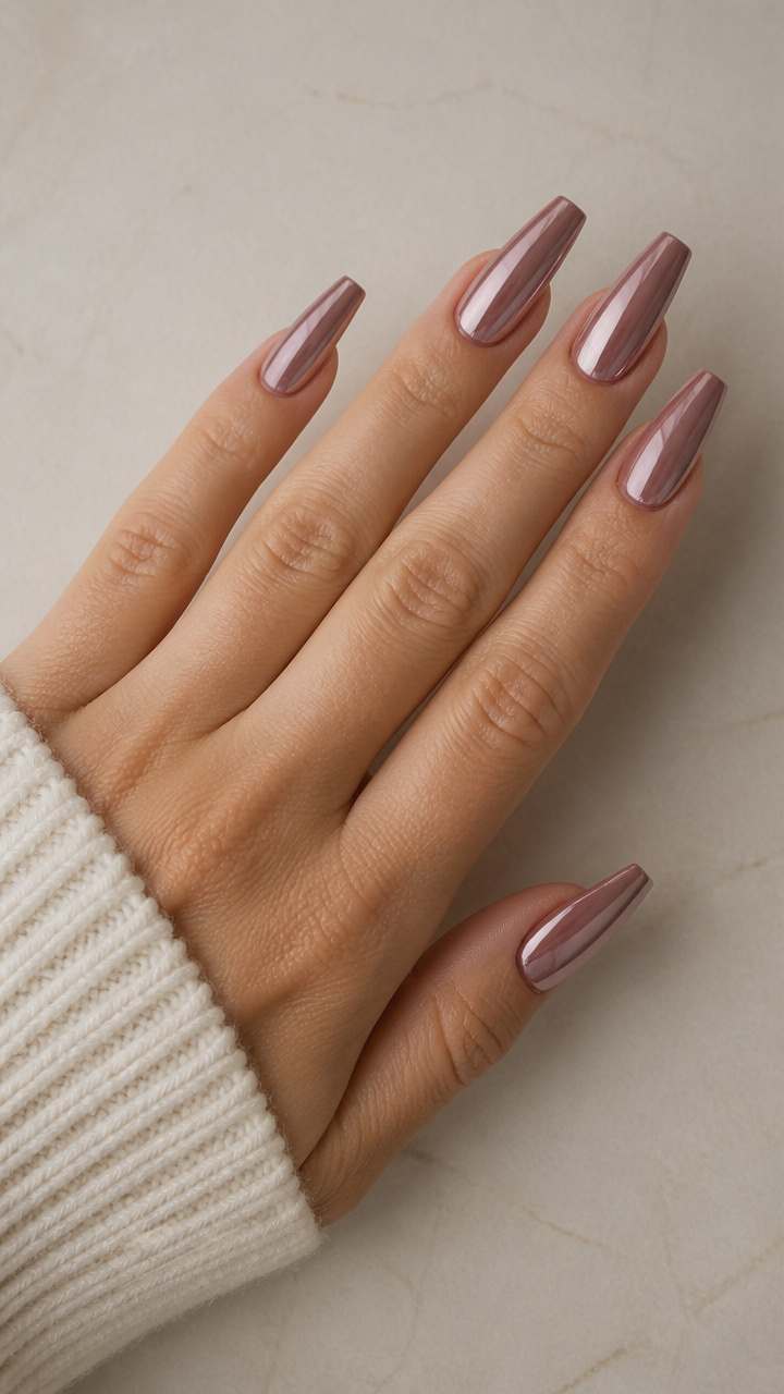 Dusty Mauve Chrome Coffin Nails