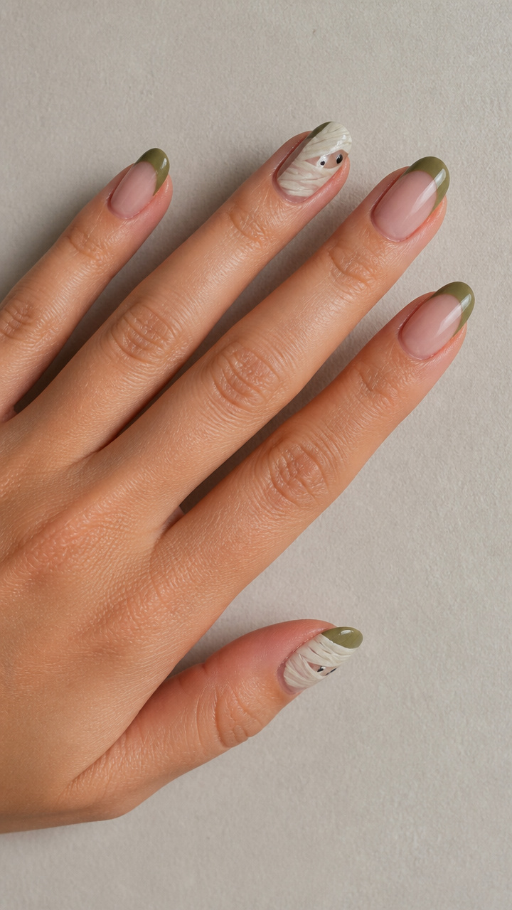 Earthy Olive Green French Tips with Woven Mummy Band Wraps