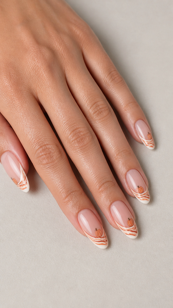 Elegant Almond Tips with Swirled Pumpkin Spice Accents