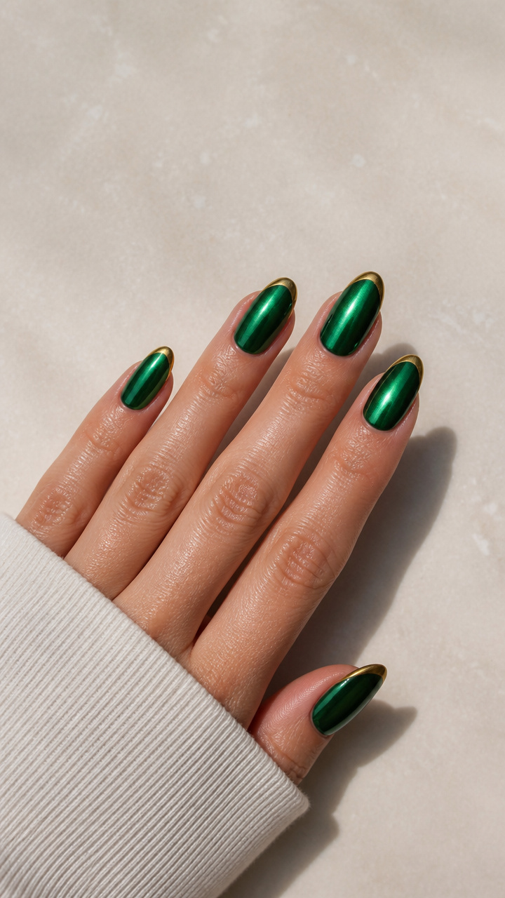 Emerald Chrome Almond Nails with Gold Micro-French Tips