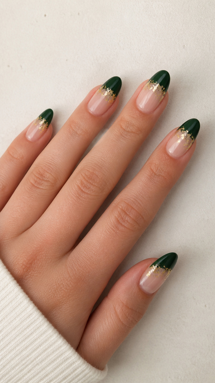 Emerald Green Almond Tips with Gold Foil Accents