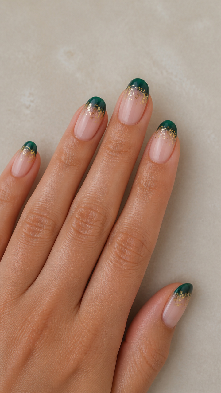 Emerald Green Gradient French Tips with Gold Foil
