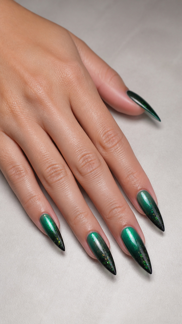 Emerald Green Ombré Stiletto Nails with Holographic Flake