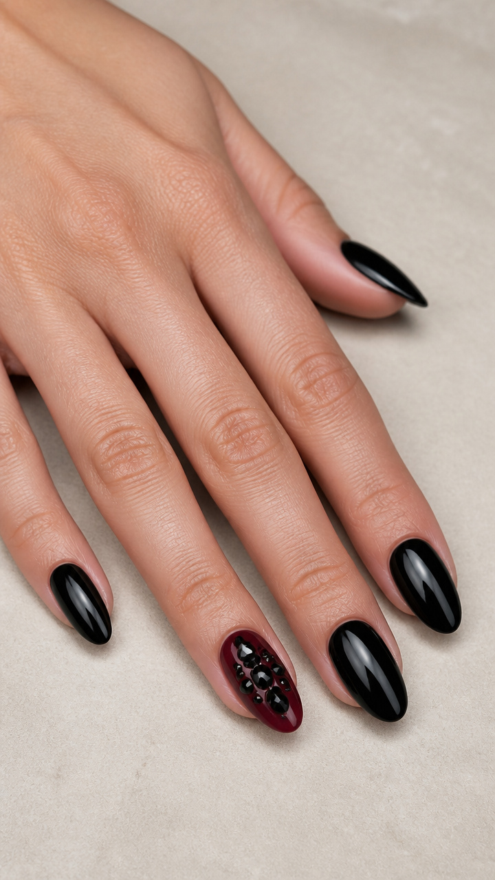 Faceted Black Crystal Cluster on Burgundy Accent Nail