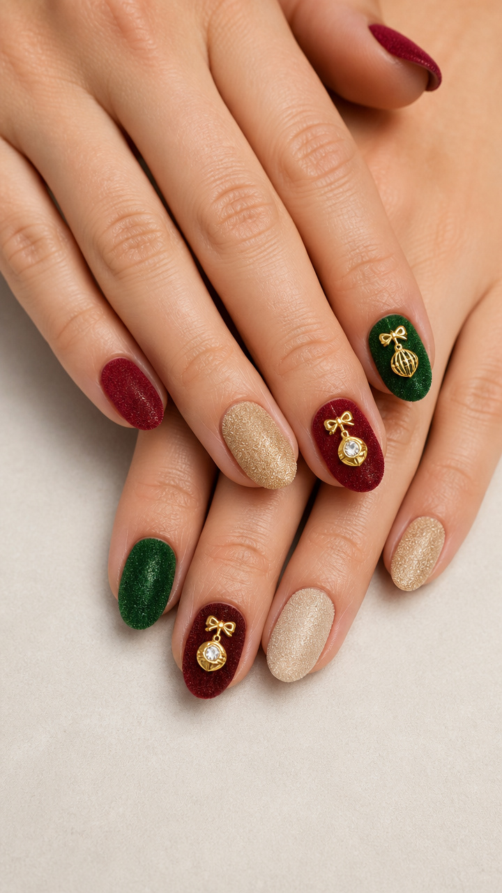 Festive Mix-and-Match Velvet Nails with Ornament Charms
