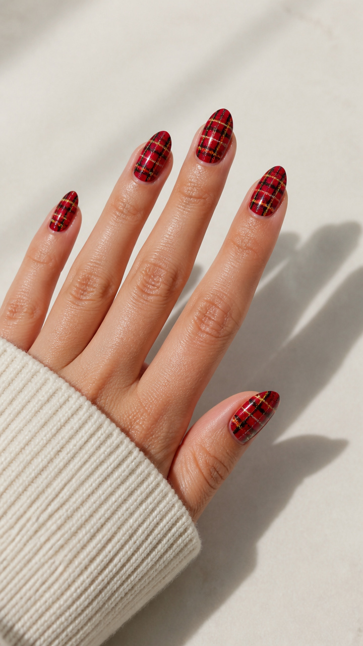 Festive Plaid Almond Nails with Gold Holographic Top Coat