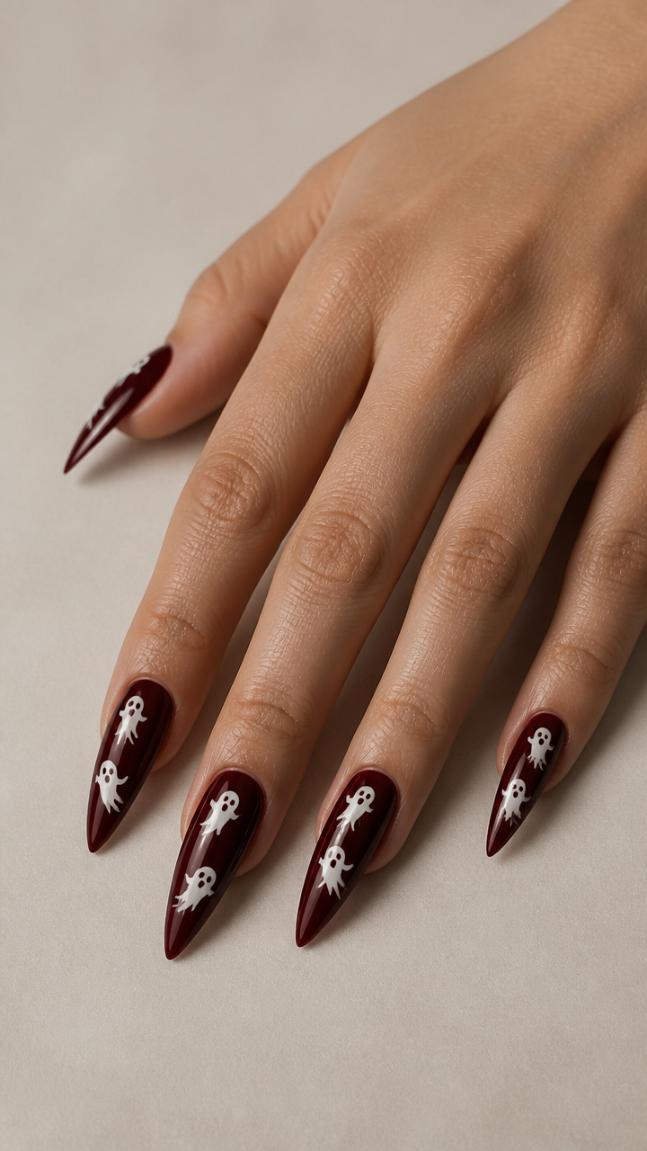 Floating White Ghost Silhouettes on Oxblood Stiletto Nails