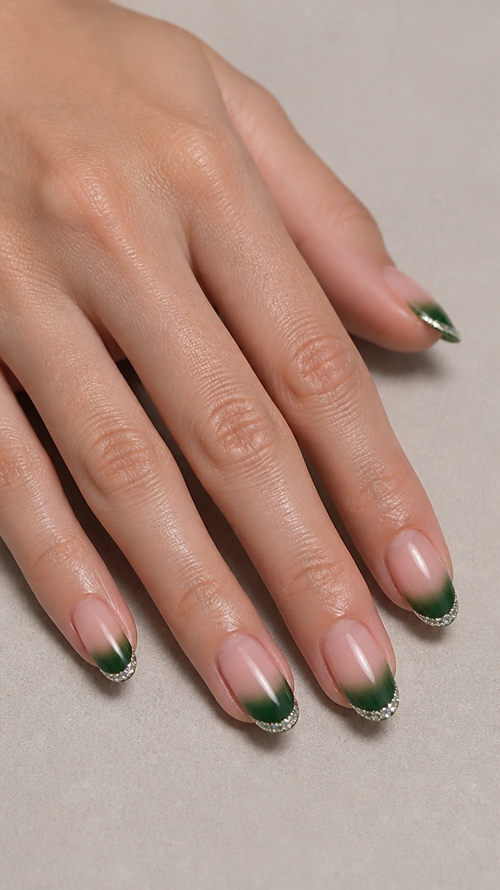 Forest Green Ombré French Tips with Crystal Rhinestone Tips