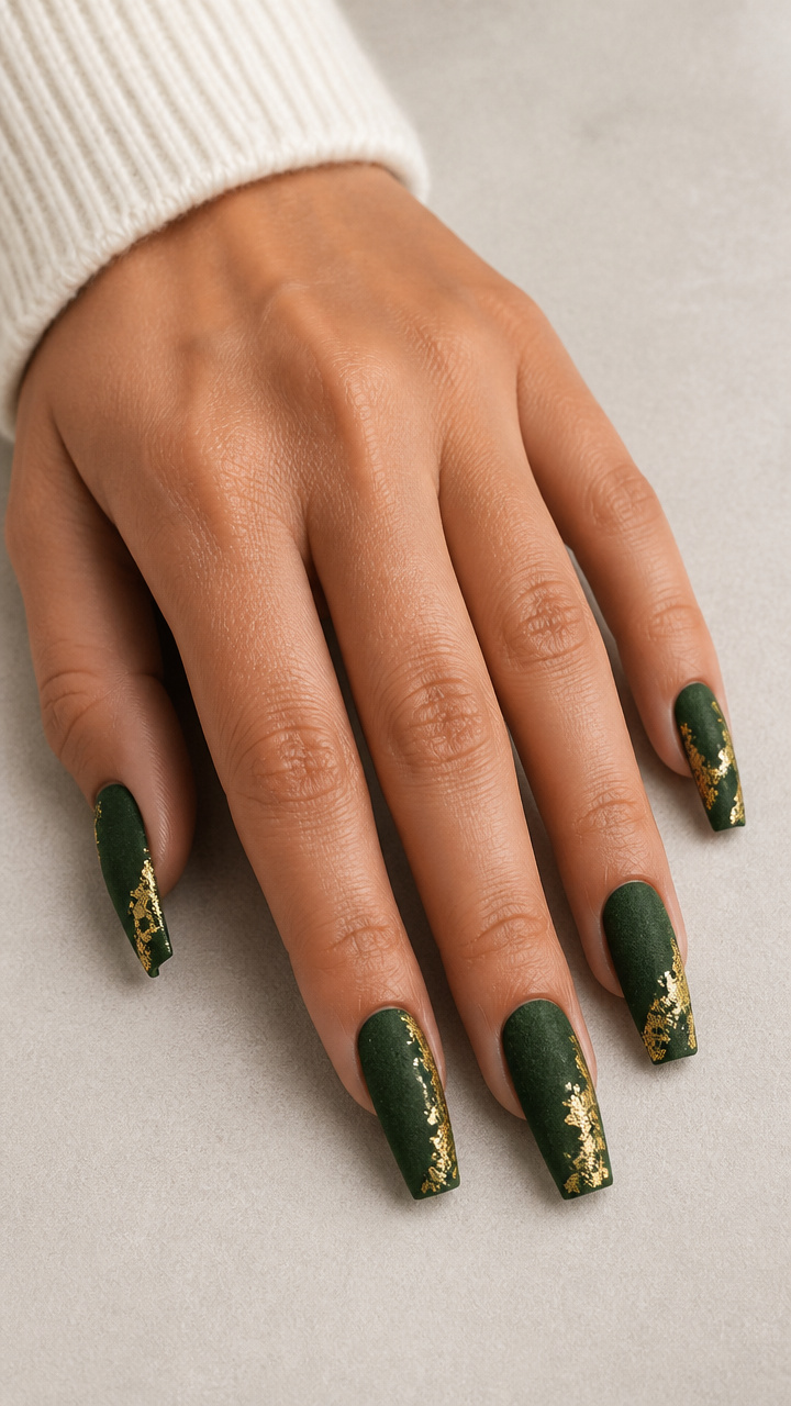 Forest Green Velvet Coffin Nails with Gold Leaf Accents