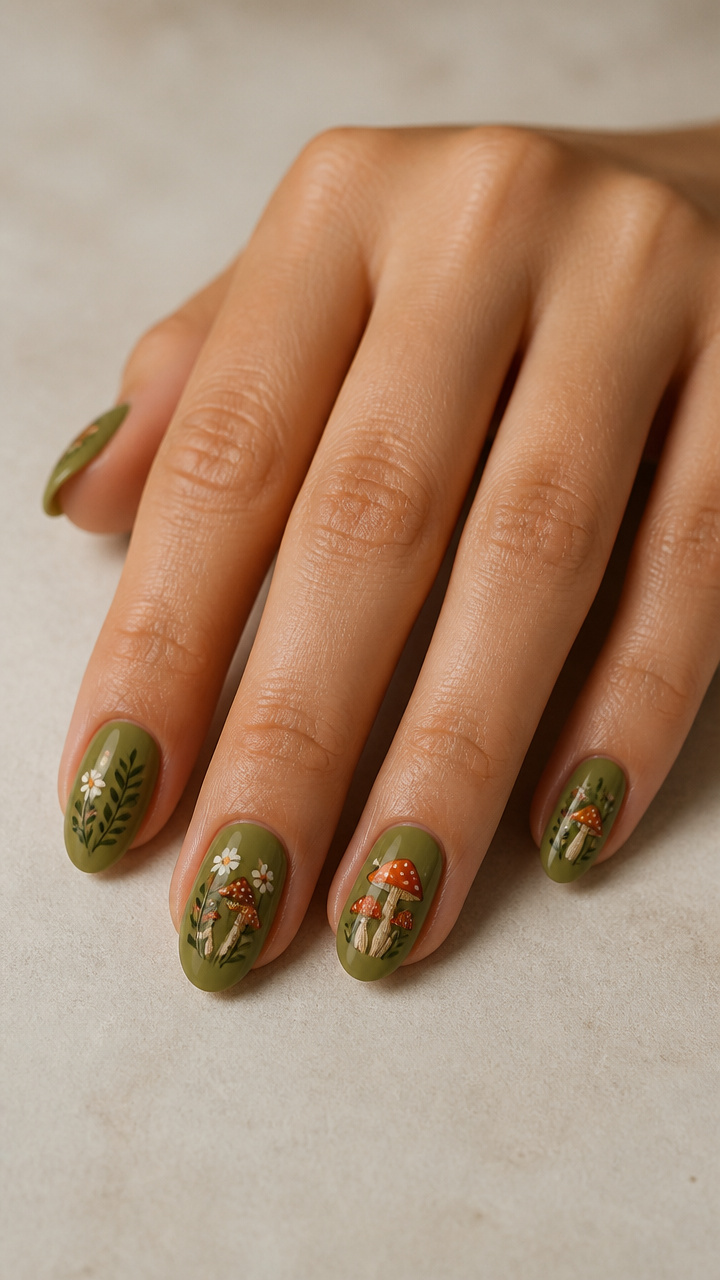 Forest Mushroom Garden on Olive Green Base