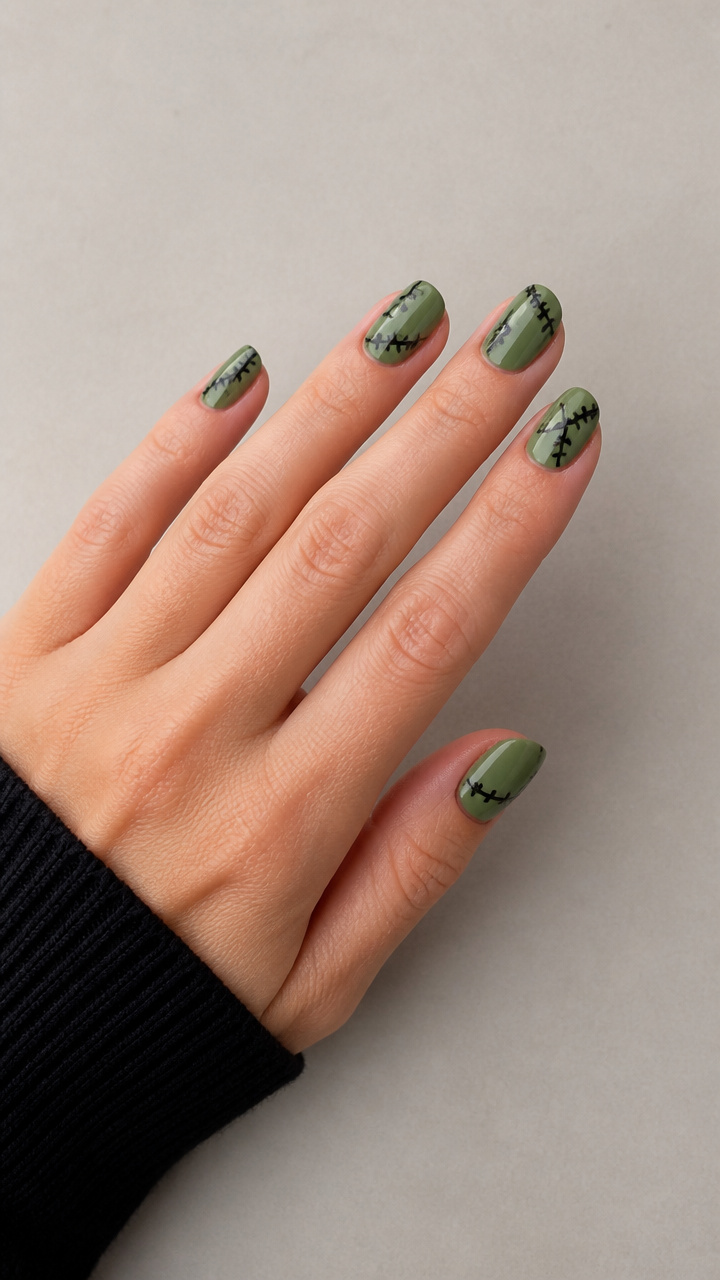 Frankenstein Stitched Green Nails