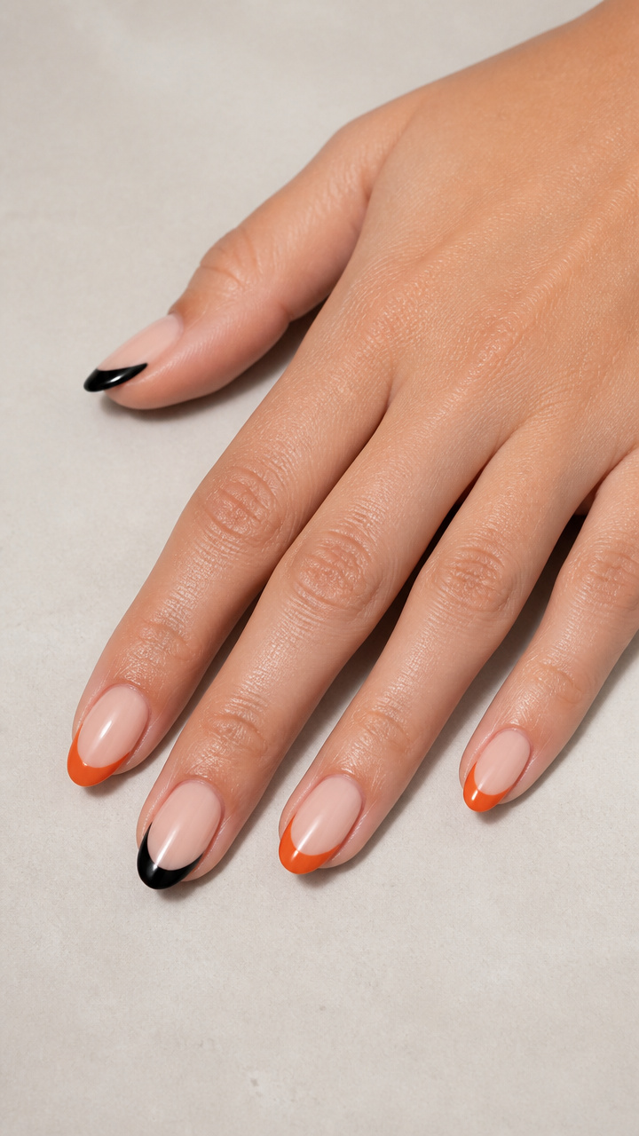 French Manicure with Orange and Black Tip Variations