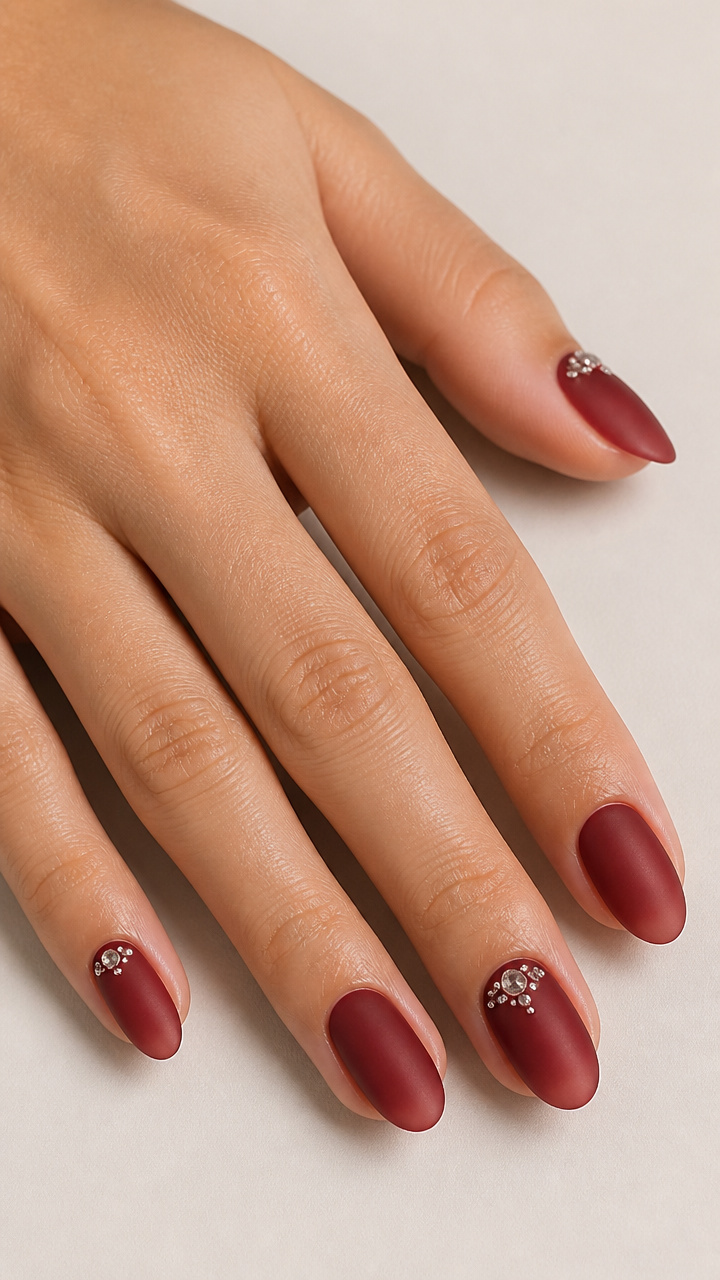 Frosted Cranberry Nails with Crystal Rhinestone Clusters