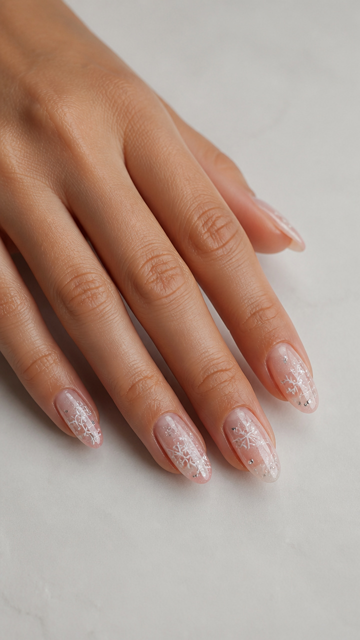 Frosted Glass Nude Manicure with Delicate Crystal Snowflakes