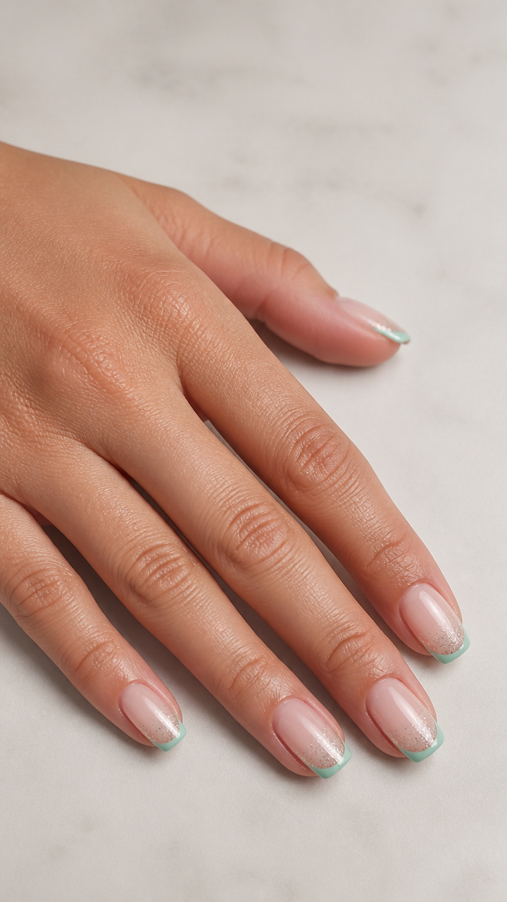 Frosted Mint Green French Tips with Clear Glitter Fade