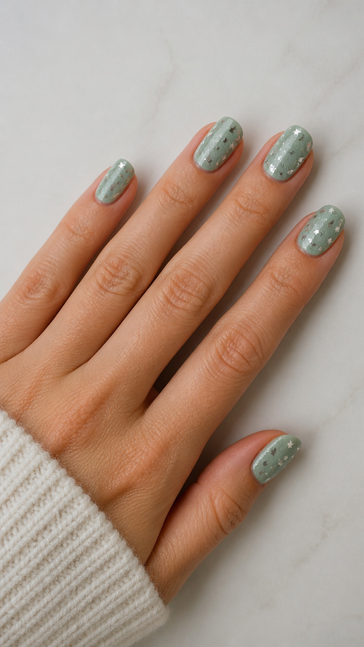 Frosted Mint Green Nails with Silver Star Confetti