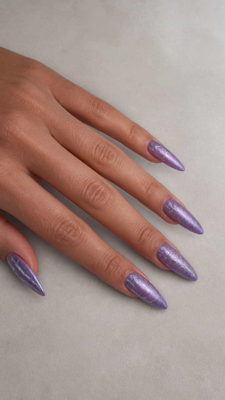 Frosted Purple Chrome Flare Nails with Silver Chrome Cracks