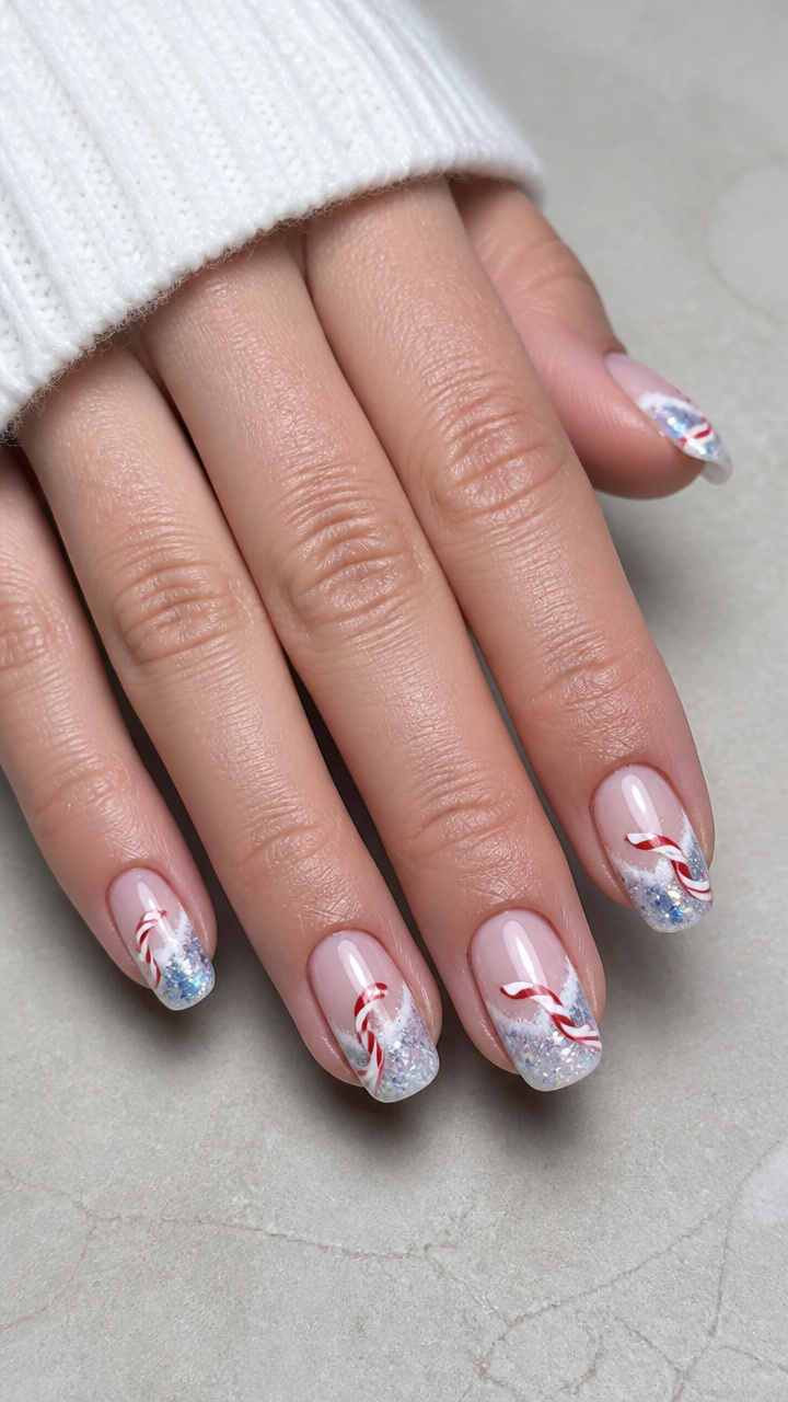 Frosted White Tips with Red Swirls and Icy Blue Glitter