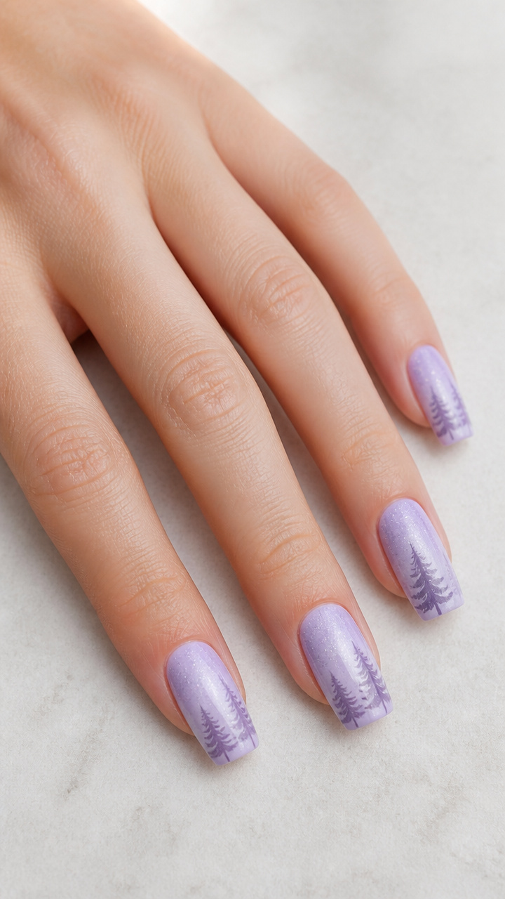 Frosty Lavender Silhouette Trees on Long Squoval Nails