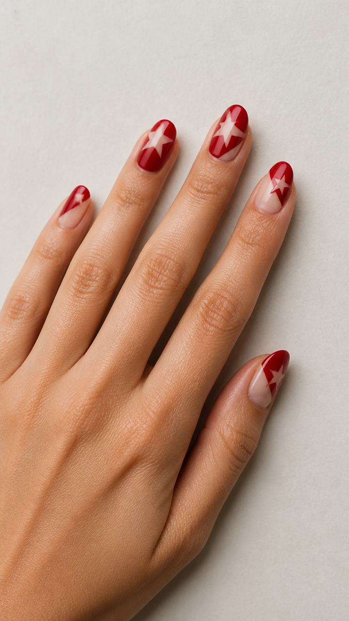 Geometric Red Negative Space with Star Cutouts