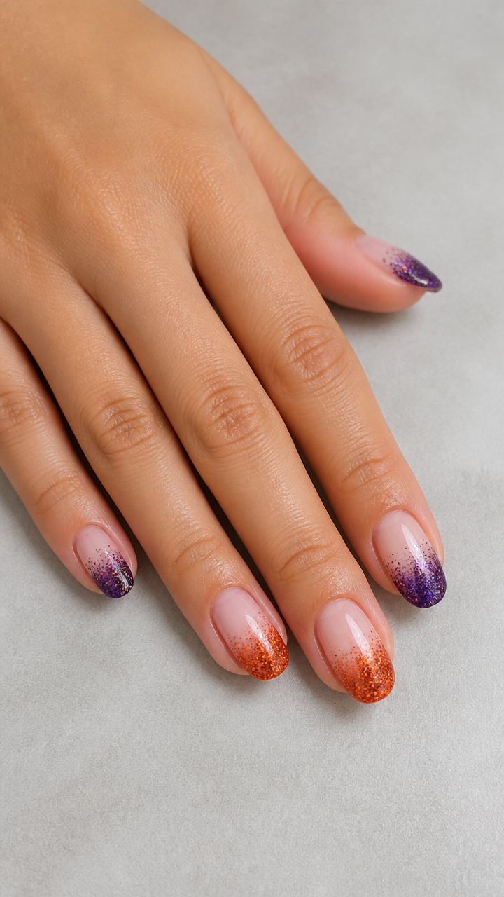 Glitter Gradient Tips in Deep Purple and Orange