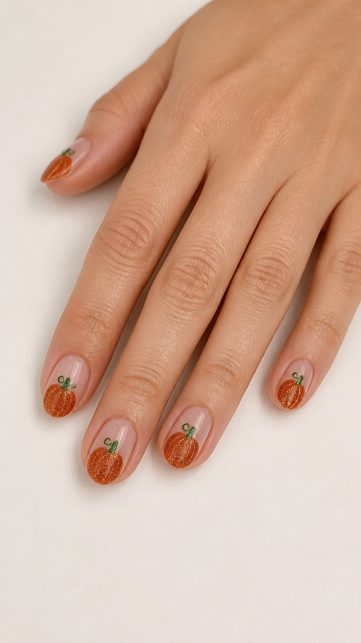 Glitter Pumpkin Nails with Green Stems