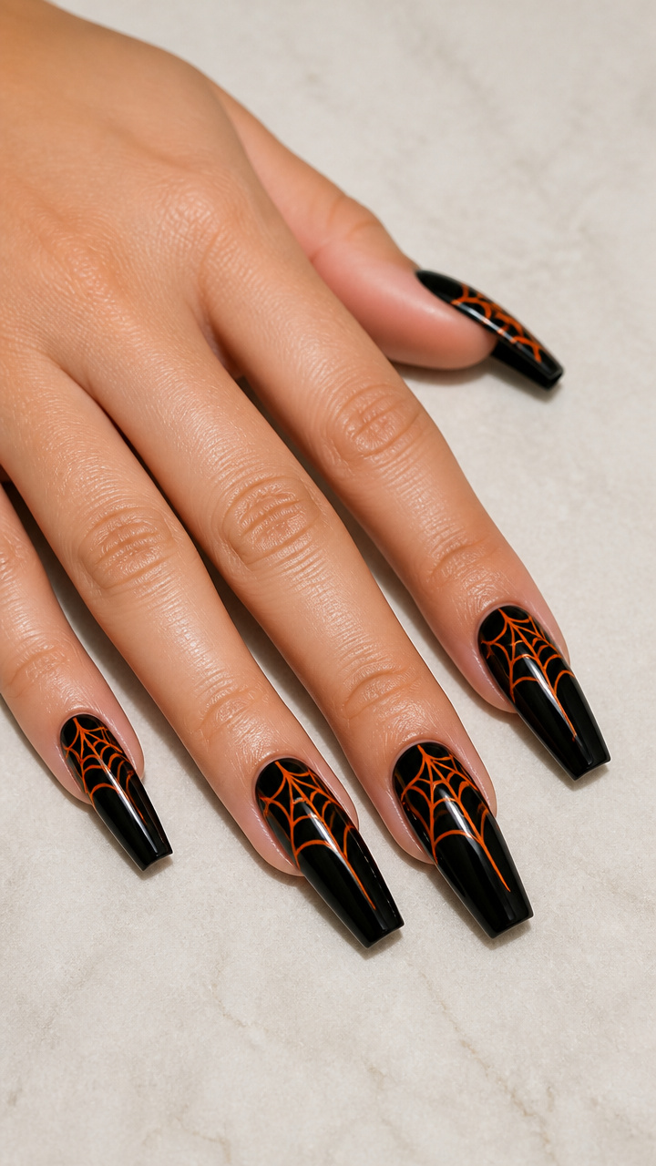 Glossy Black Coffin Nails with Orange Spider Web Netting