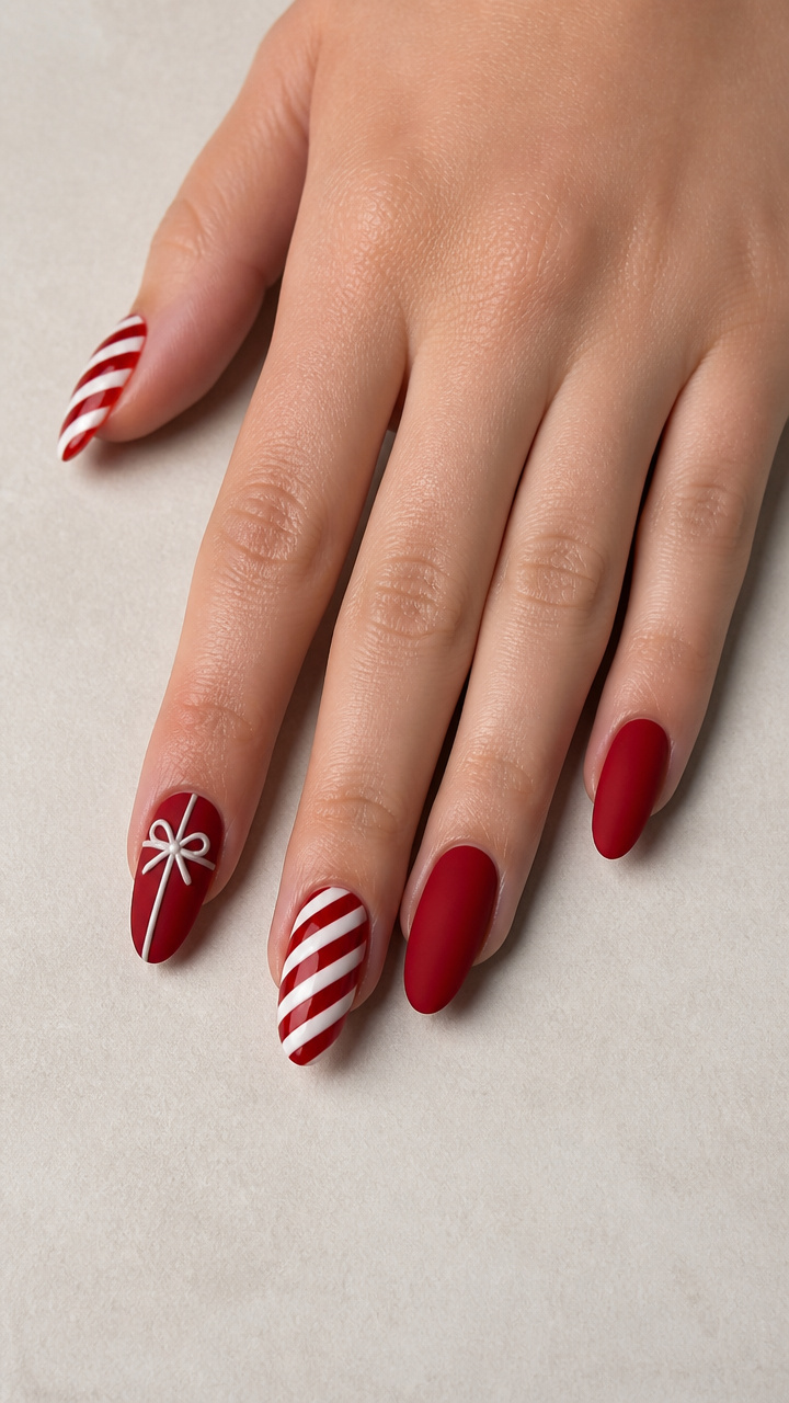 Glossy Candy Cane Stripes with Matte Red Background and Bow Detail