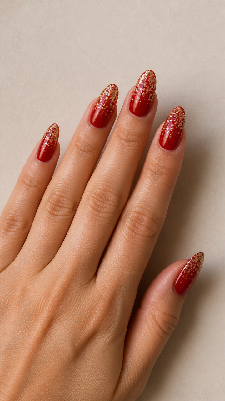 Glossy Cherry Red Base with Chunky Gold Glitter Gradient
