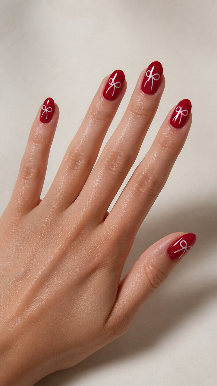 Glossy Cherry Red Nails with Delicate White Ribbon Bows