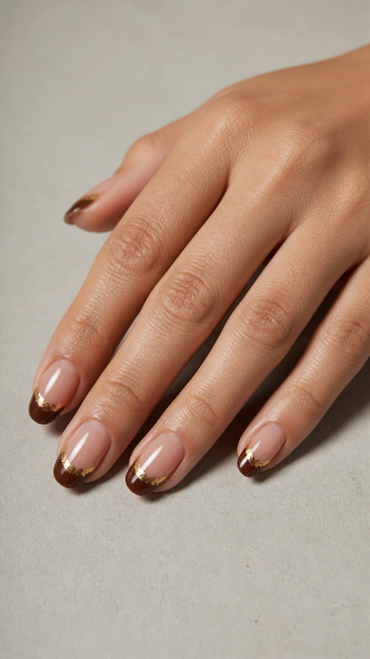 Glossy Chestnut Brown Tips with Fine Gold Foil