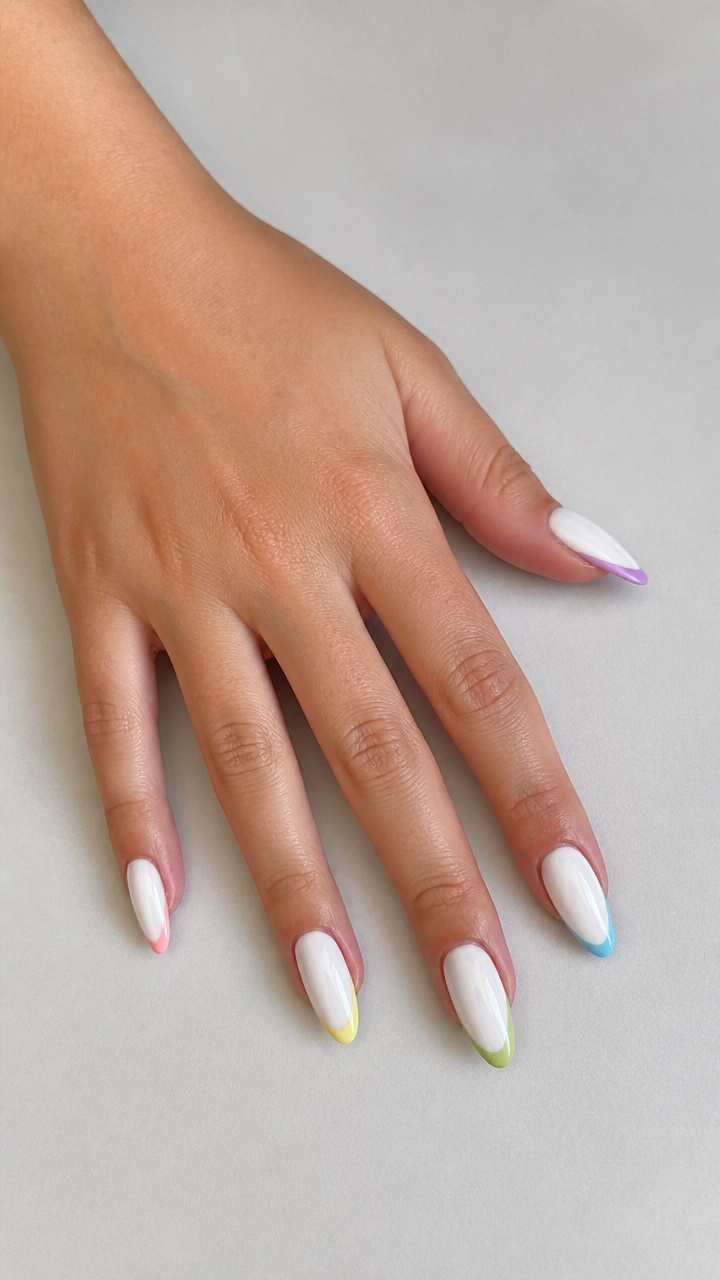 Glossy White Almonds with Pastel Rainbow Tips