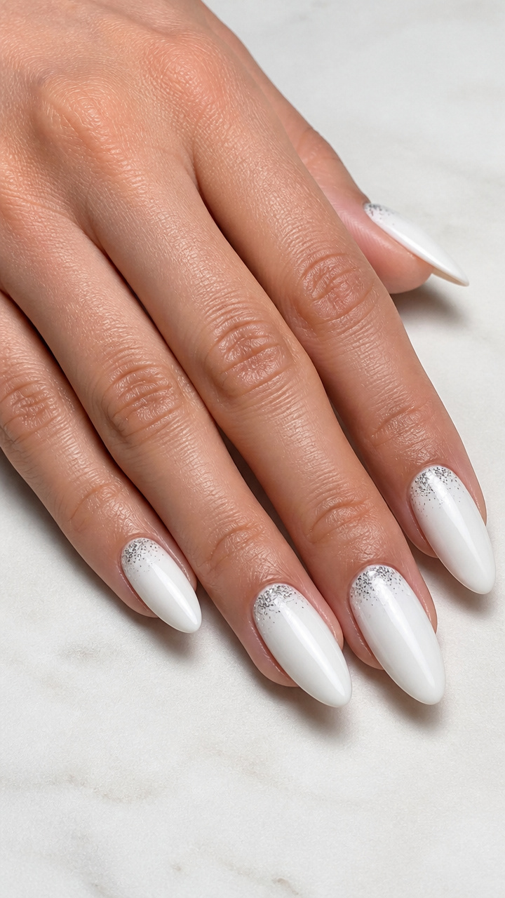 Glossy White Almonds with Silver Micro-Glitter