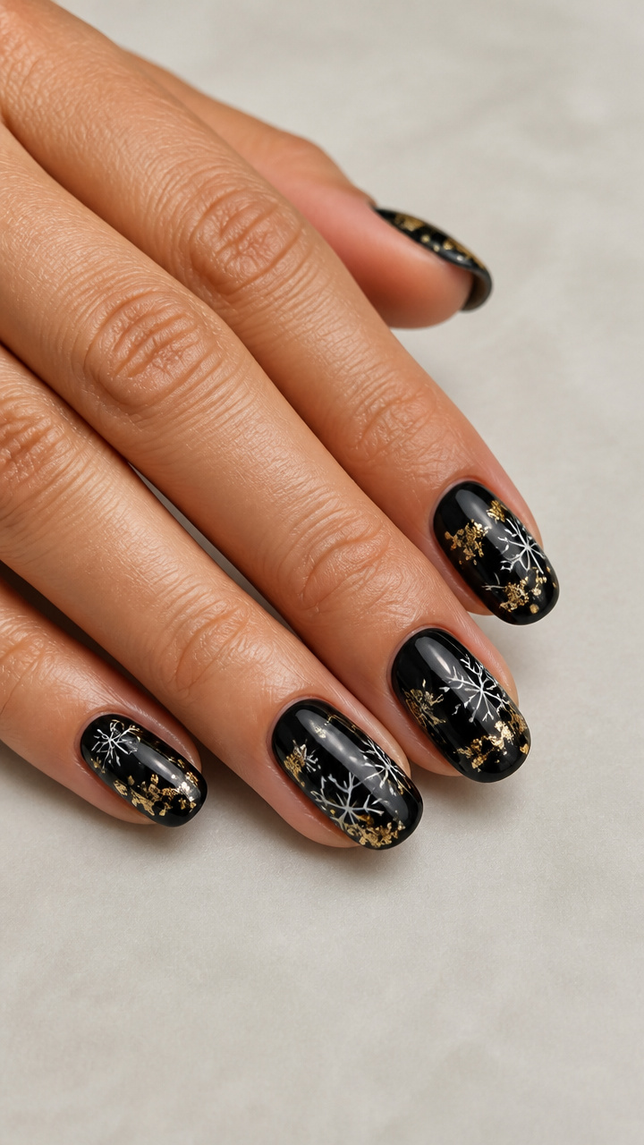 Gold Foil Fragments on Black Nails with Minimalist Snowflake Line Art