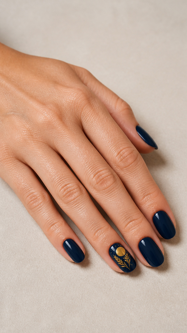 Golden Harvest Moon Accent Nail with Navy Blue Base