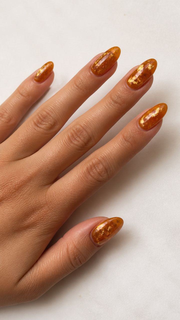 Golden Honey Almond Nails with Fine Gold Foil Shards