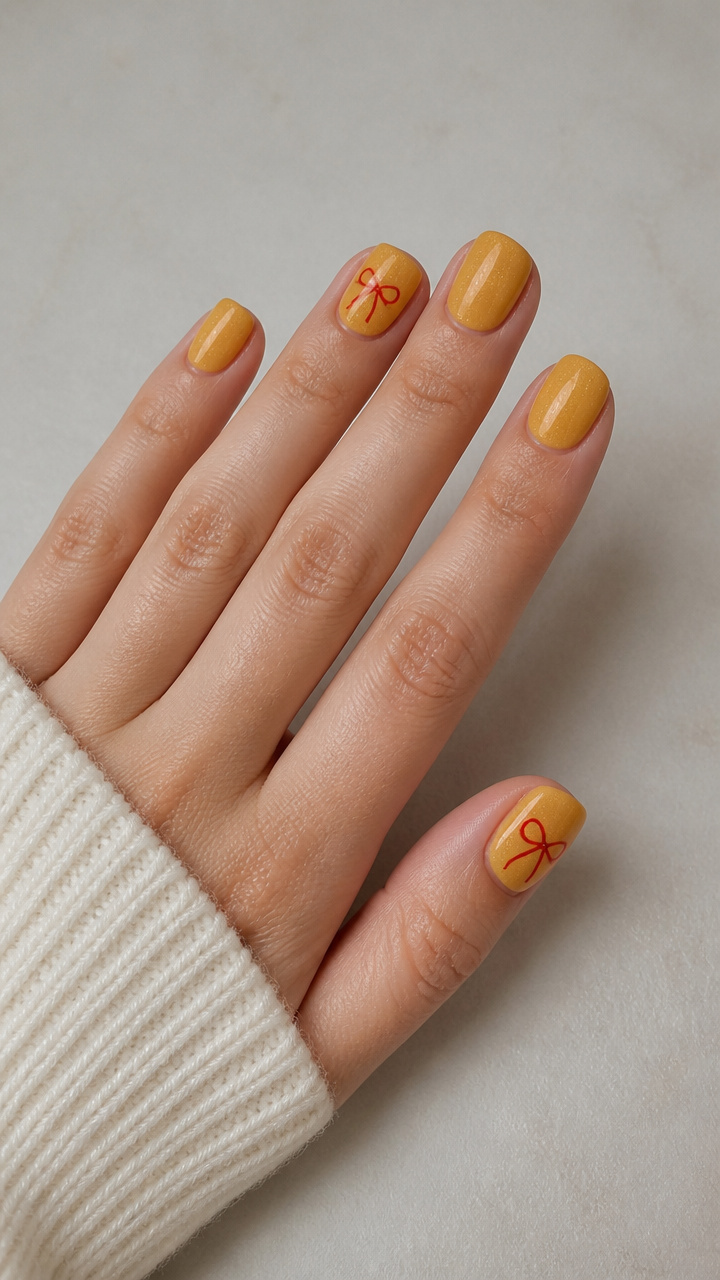 Goldenrod Yellow Nails with Red Bow Embellishments