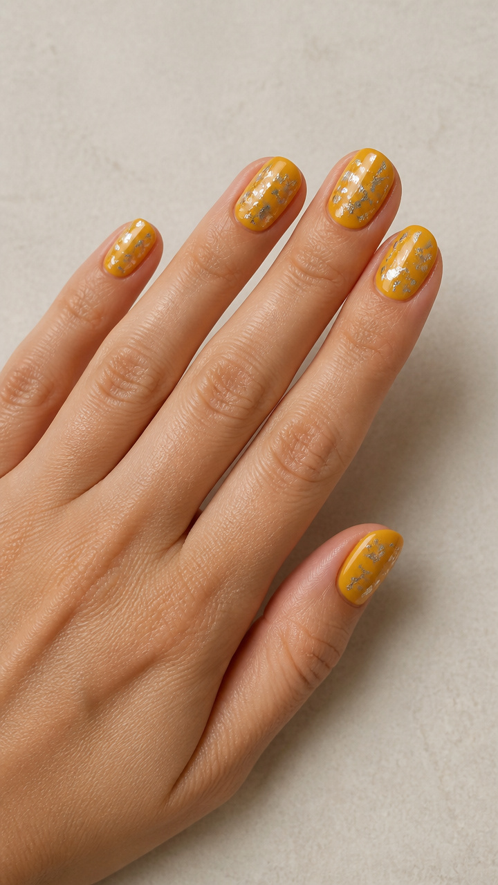Goldenrod Yellow Nails with Silver Micro-Foil Shards