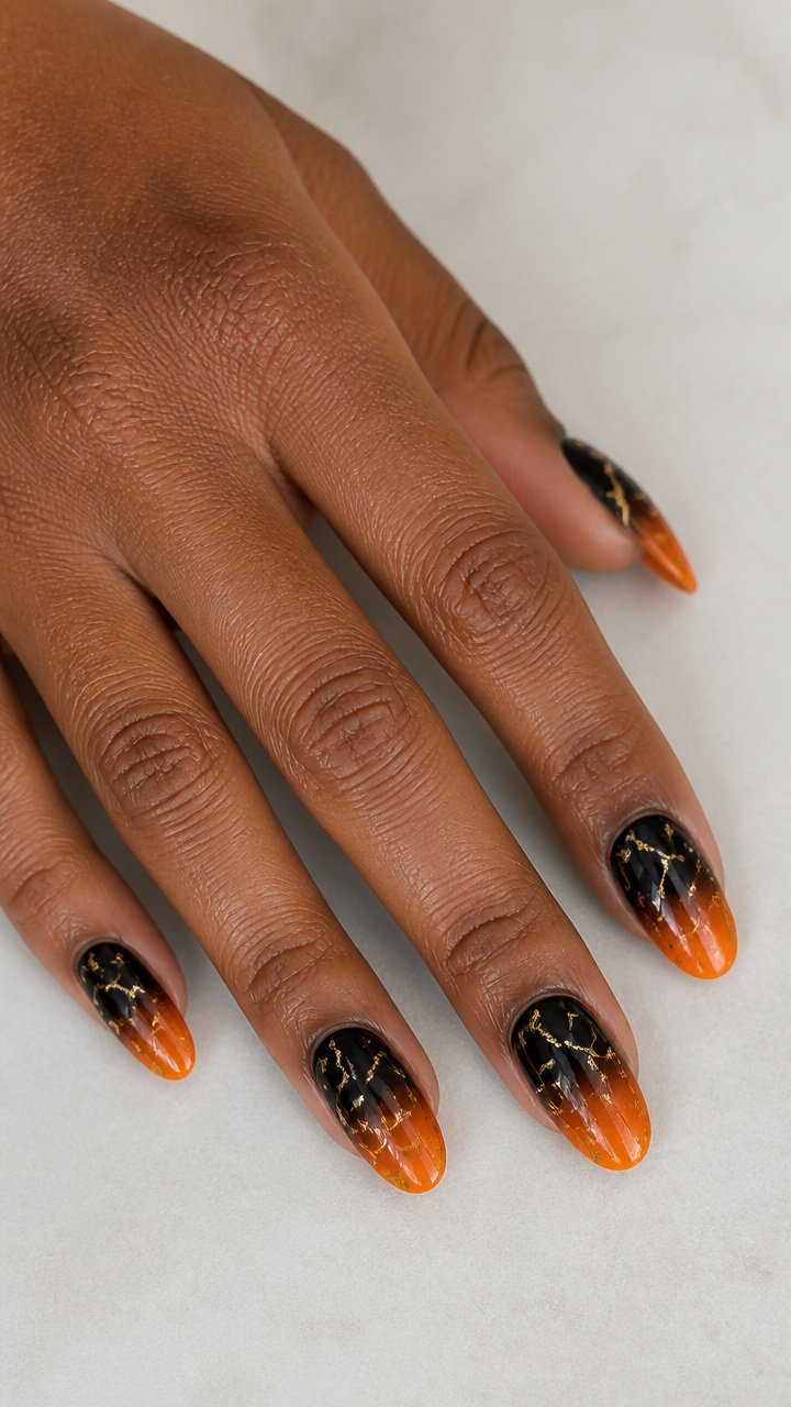 Gradient Black to Orange Ombre with Gold Leaf Cracks