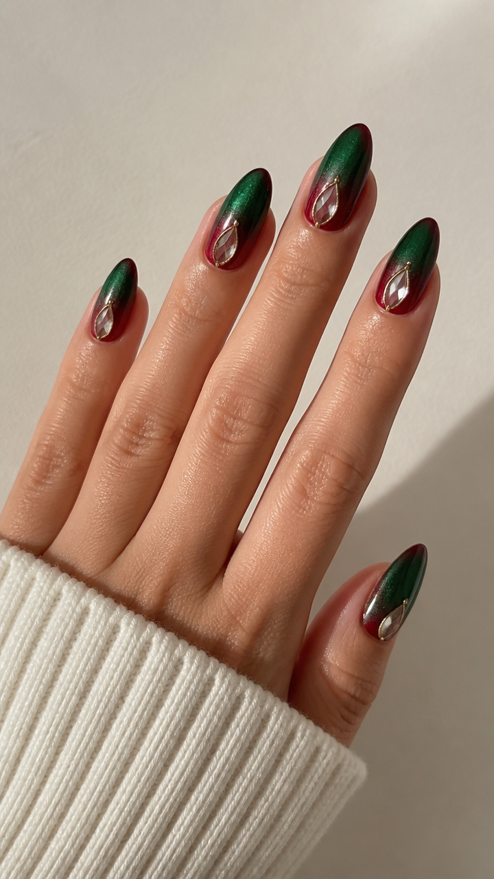 Gradient Emerald to Ruby Velvet Nails with Crystal Cutouts