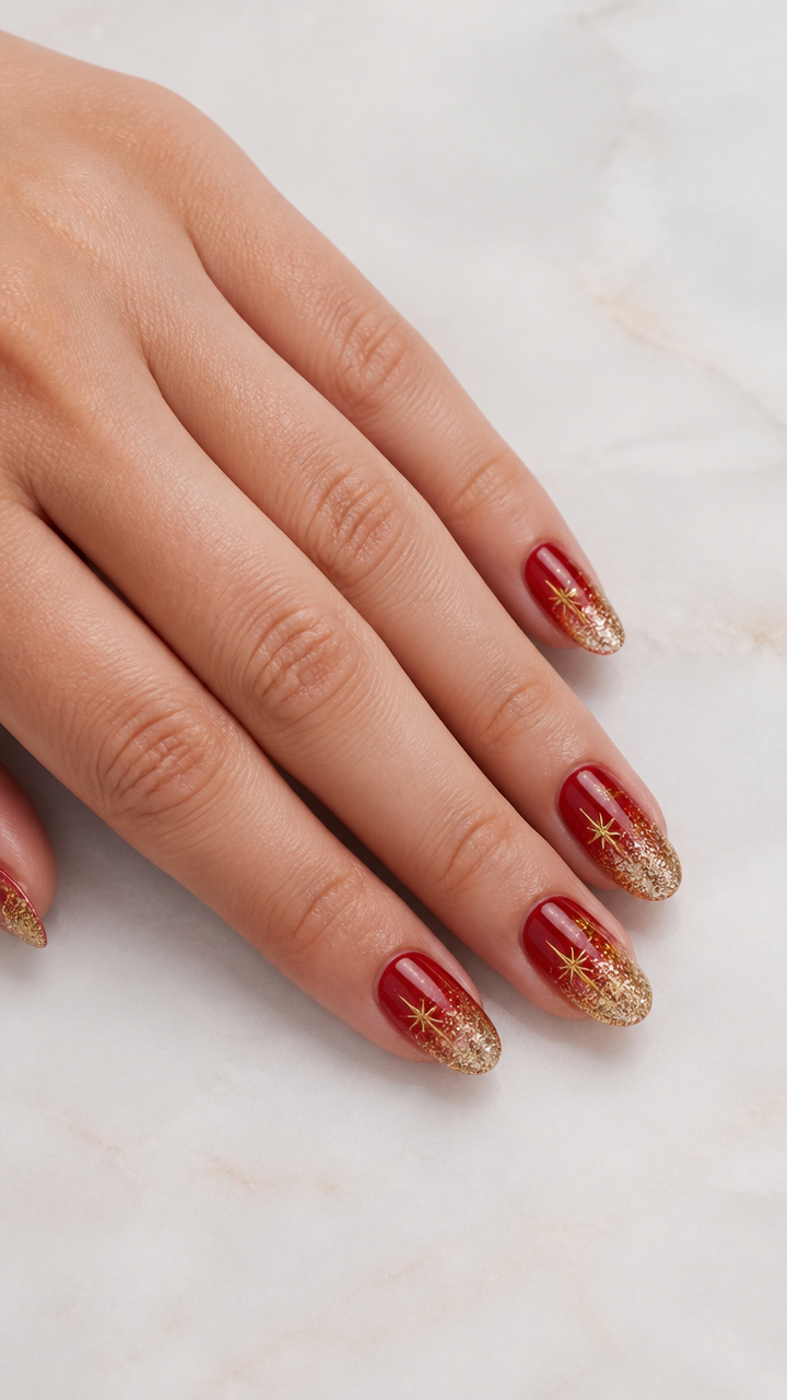 Gradient Red and Gold Glitter Ombré with Chrome Star Accents