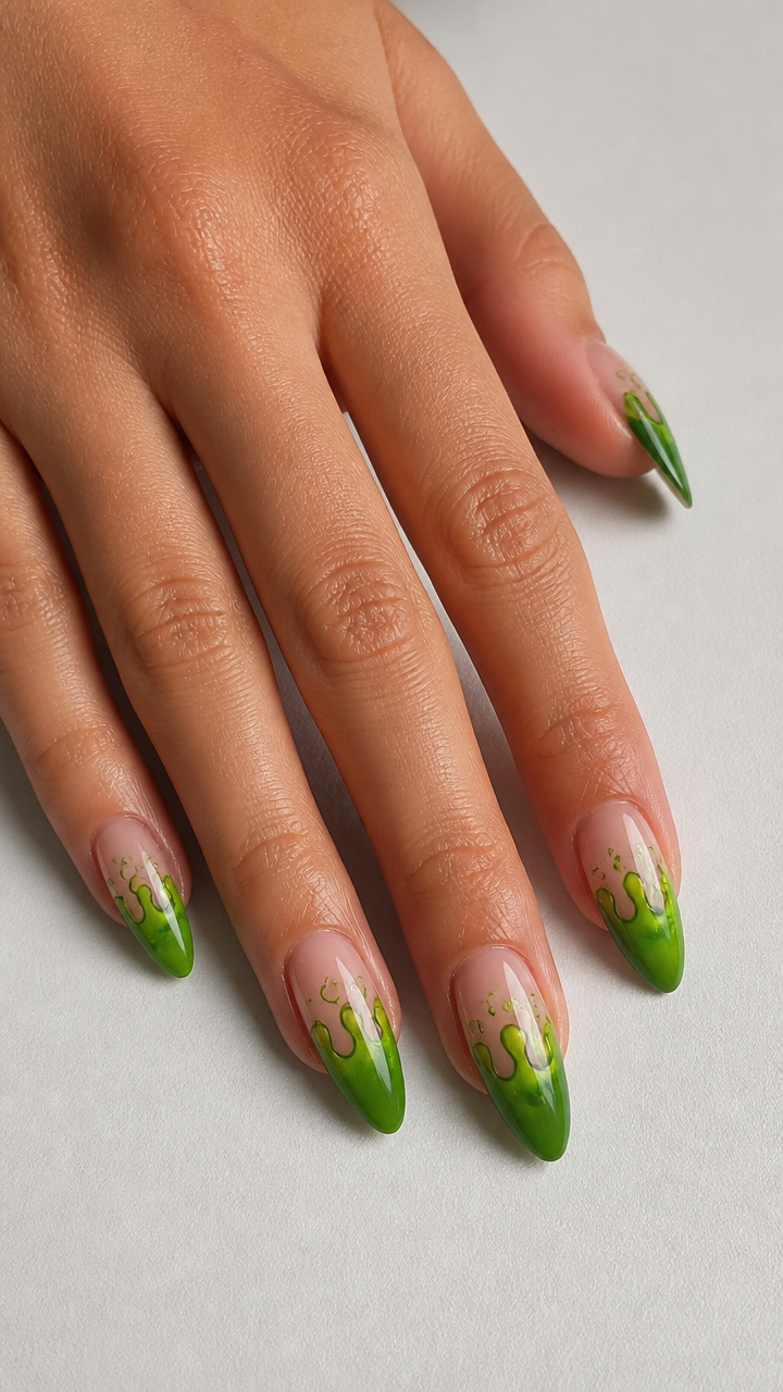 Green Slime Gradient Almond Nails with Floating Bubble Accents